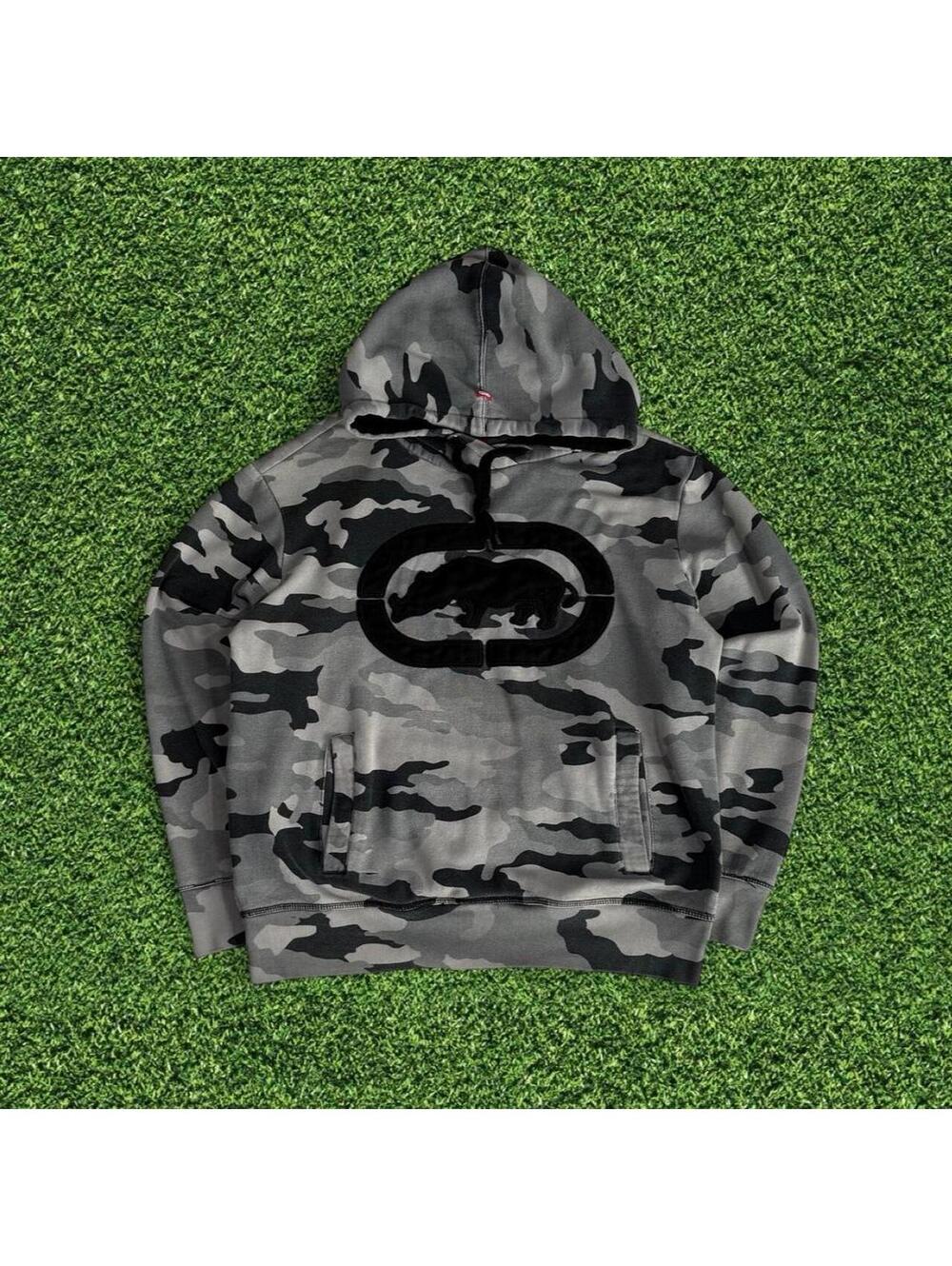 Vintage ECKO UNLTD Camo Hoodie Black Rhino Logo Size M